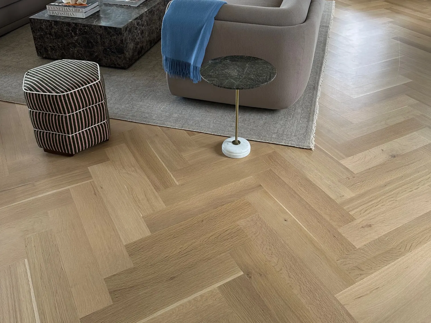 Wall to wall herringbone hardwood floor in a New Jersey living room